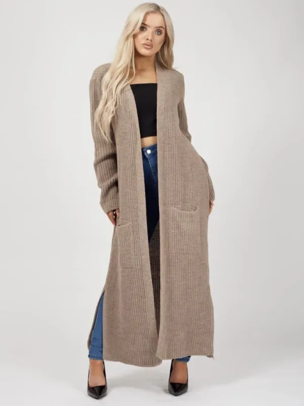 Leeka Longline Knitted Open Cardigan In Mocha sold by Vivichi