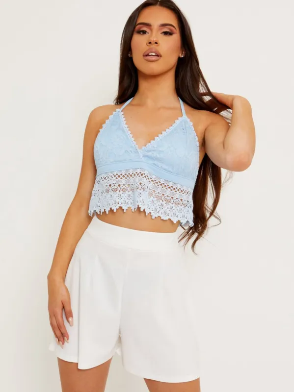 Lynzi Tie Backless Crochet Halter Top In Blue sold by Vivichi