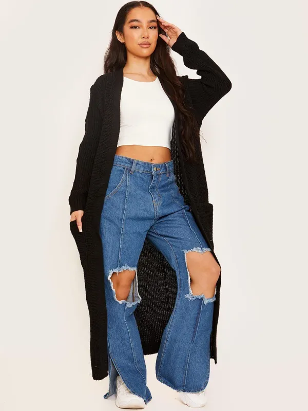 Leeka Longline Knitted Open Cardigan In Black sold by Vivichi