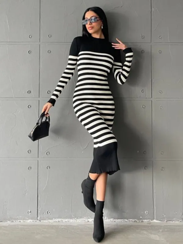 **PRE-ORDER** Shay Striped Knitted Midi Dress In Black sold by Vivichi
