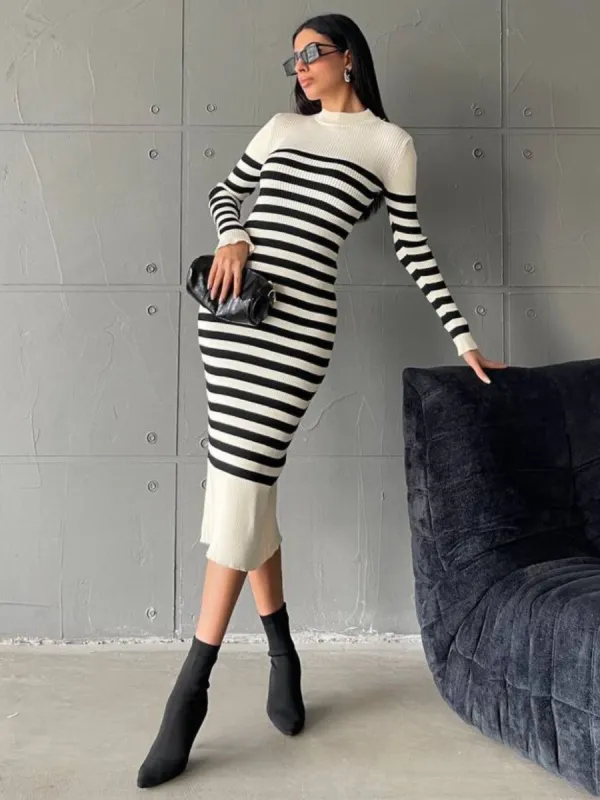 **PRE-ORDER** Shay Striped Knitted Midi Dress In Cream sold by Vivichi