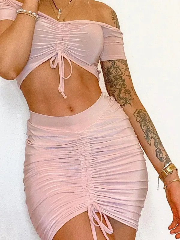 Beatrix Slinky Ruched Bardot Crop Top & Skirt Co-ord In Rose Gold sold by Vivichi