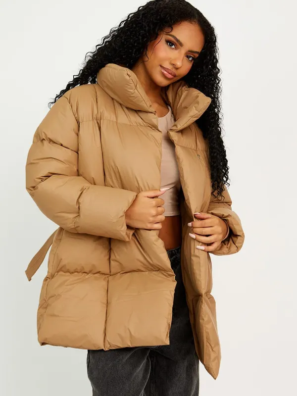Ellie Oversized Padded Jacket With Belt In Stone made by Vivichi