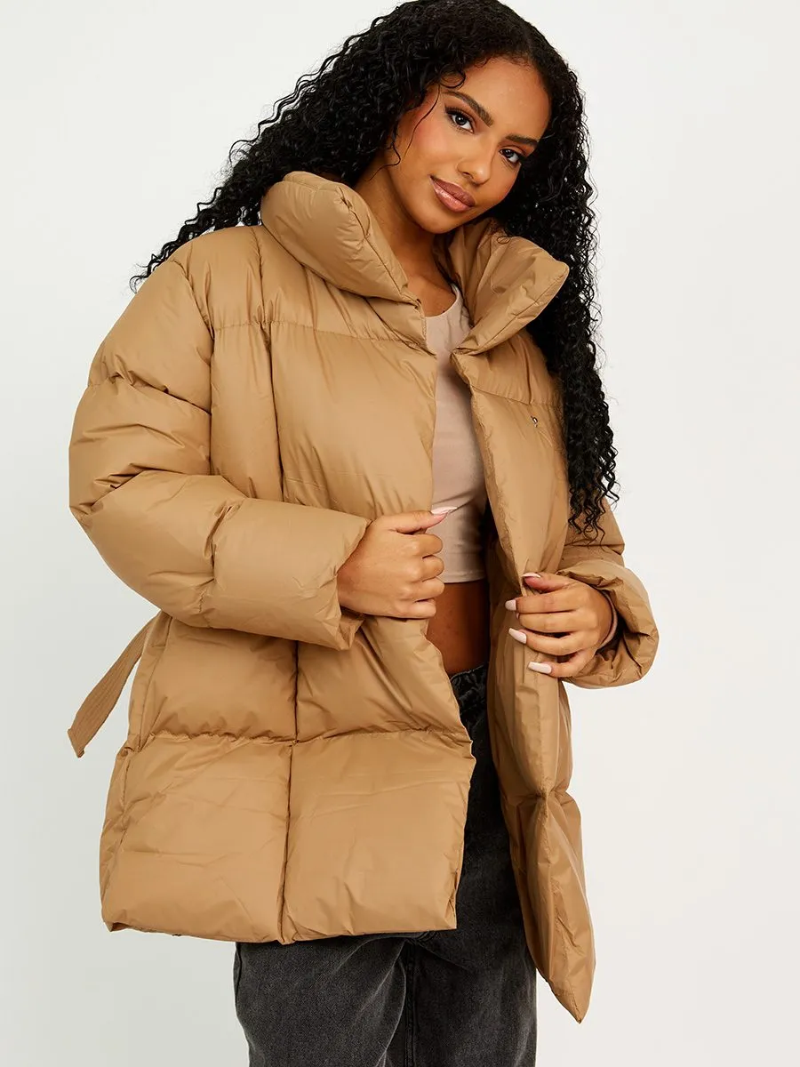 Ellie Oversized Padded Jacket With Belt In Stone sold by Vivichi