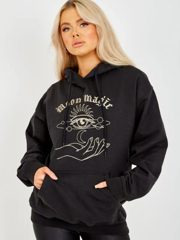 Rana Glittered Moon Magic Fleeced Hoodie In Black sold by Vivichi