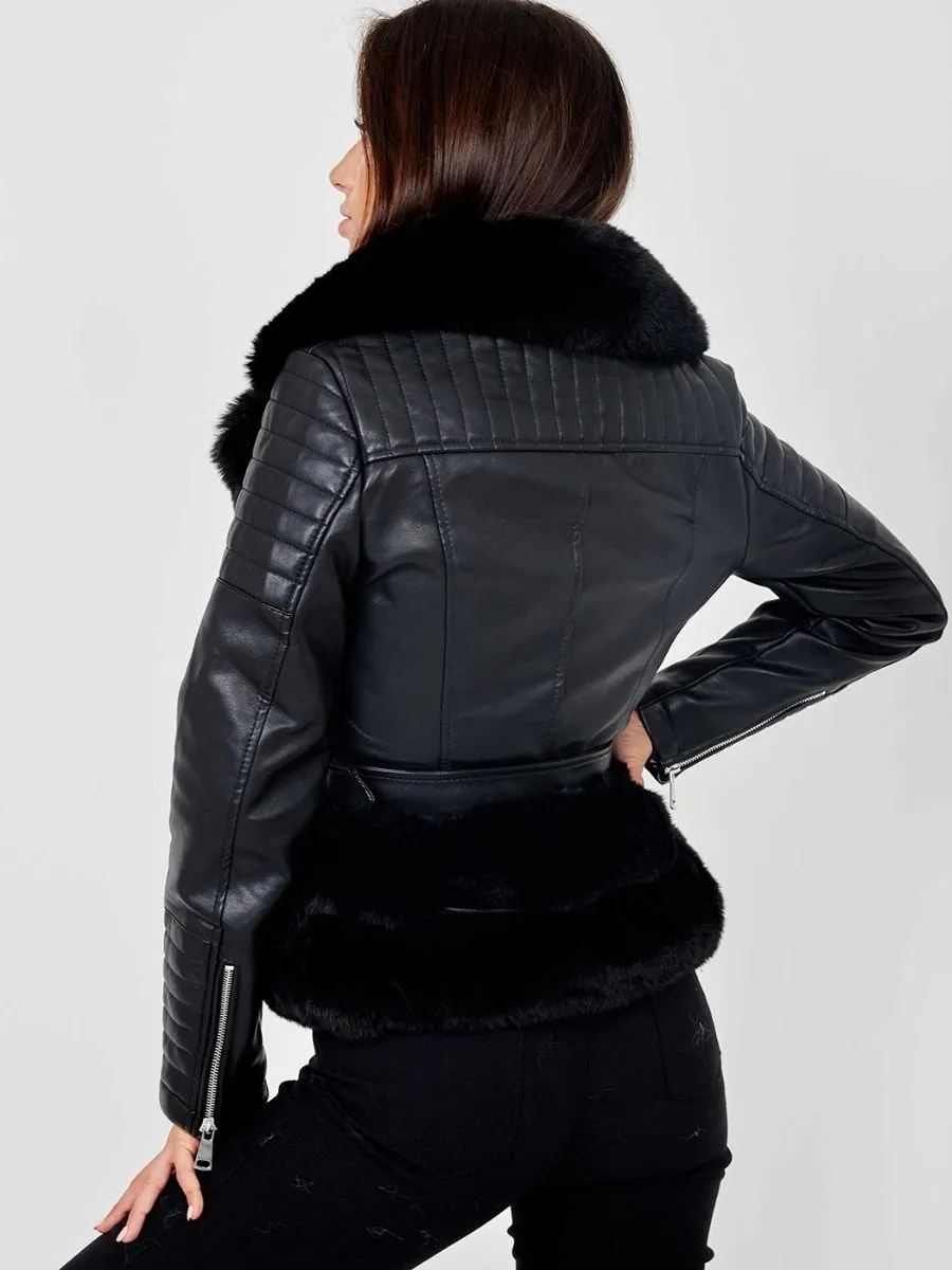 Estella Faux Fur Belted PU Jacket In Black sold by Vivichi product image thumbnail 4
