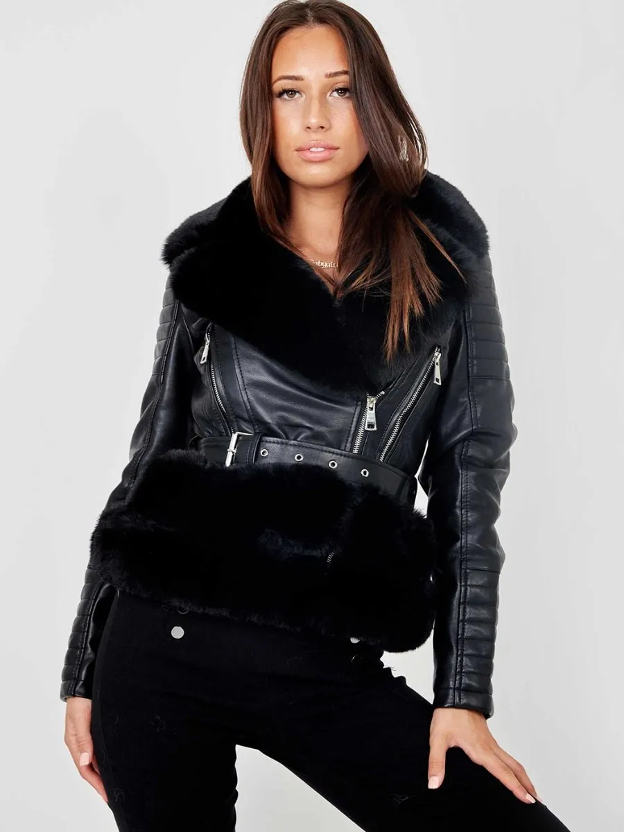 Estella Faux Fur Belted PU Jacket In Black sold by Vivichi