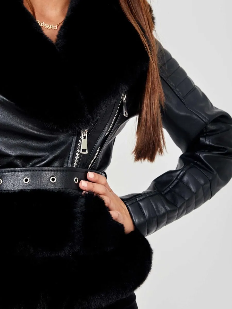 Estella Faux Fur Belted PU Jacket In Black sold by Vivichi product image thumbnail 2