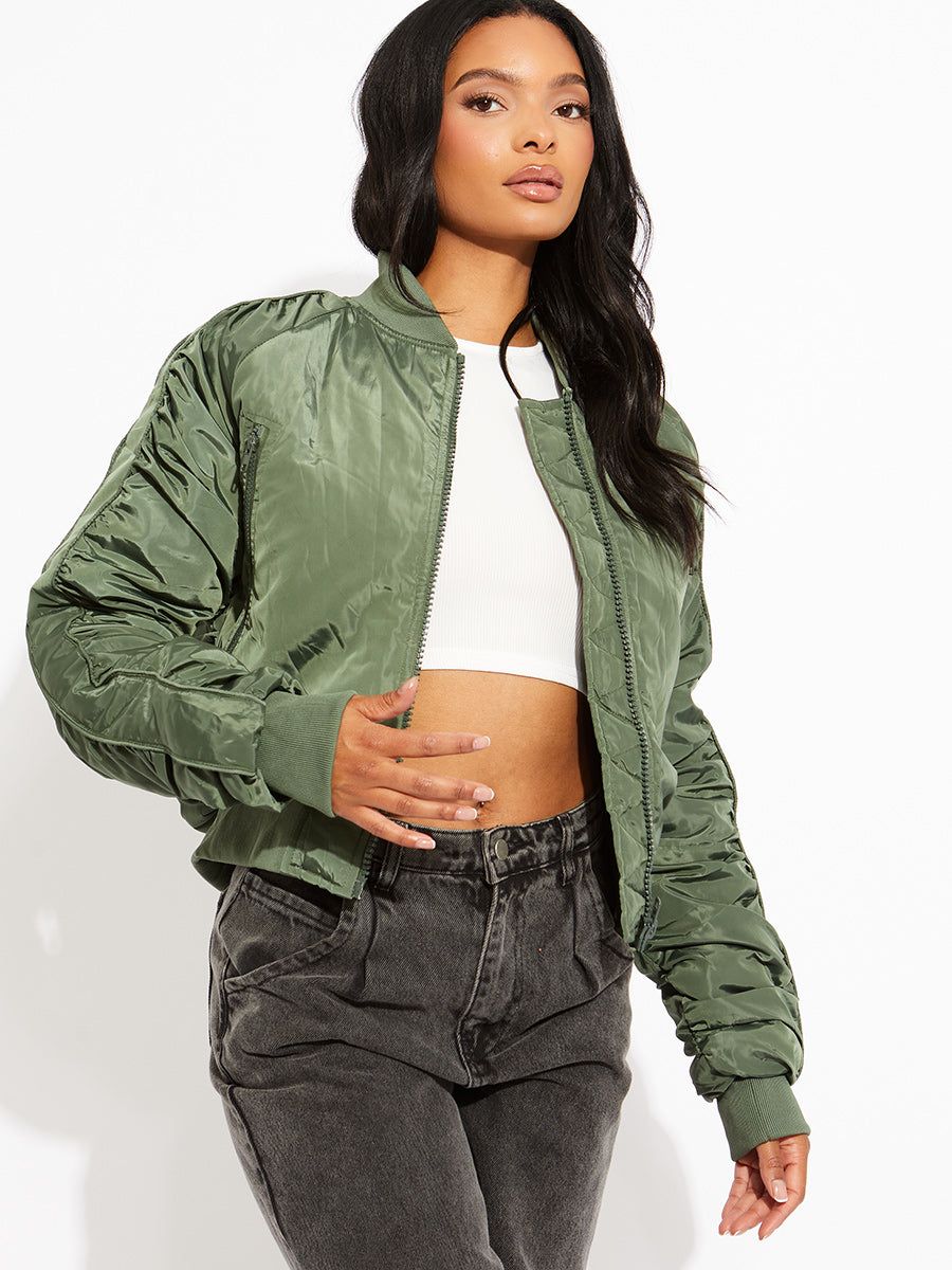 Mila Ruched Sleeve Zipped Bomber Jacket In Olive sold by Vivichi product image thumbnail 3
