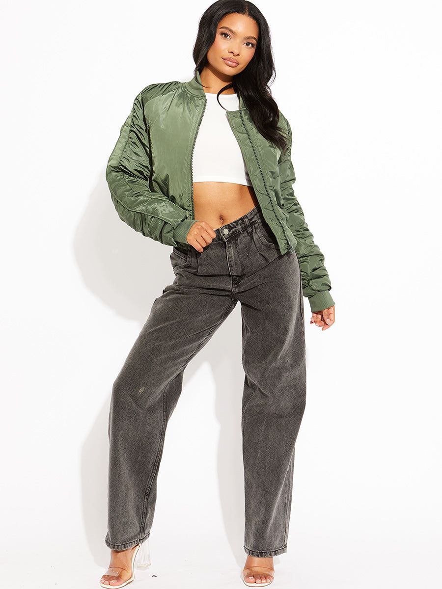 Mila Ruched Sleeve Zipped Bomber Jacket In Olive sold by Vivichi product image thumbnail 2