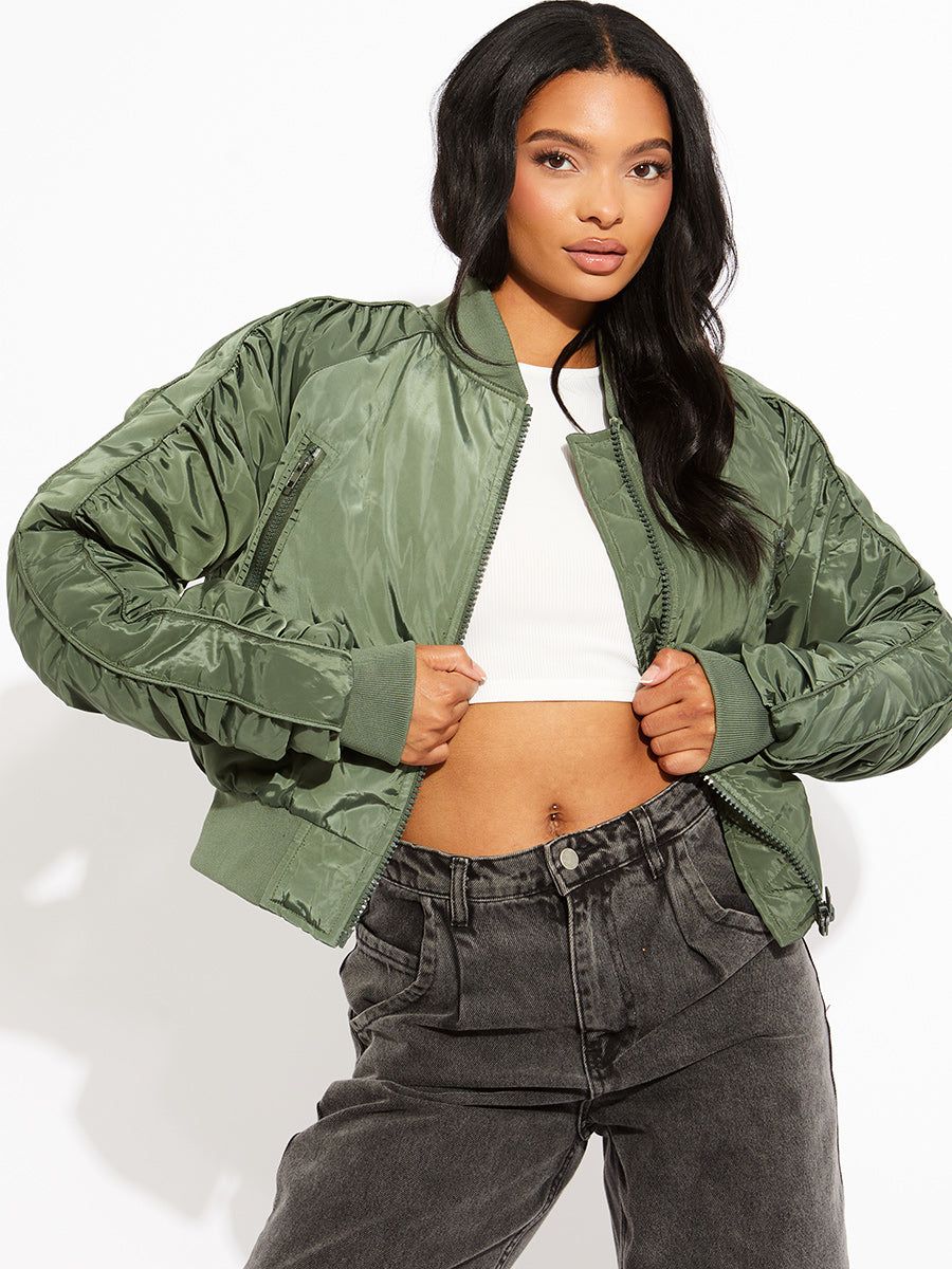 Mila Ruched Sleeve Zipped Bomber Jacket In Olive sold by Vivichi