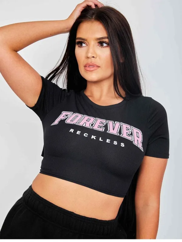 Teah Tie Back Forever Print Rib Crop Top In Black sold by Vivichi