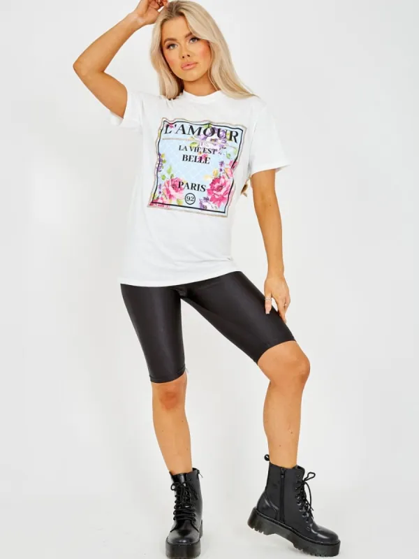 Edita Floral L'Amour Graphic Printed T-Shirt In White sold by Vivichi