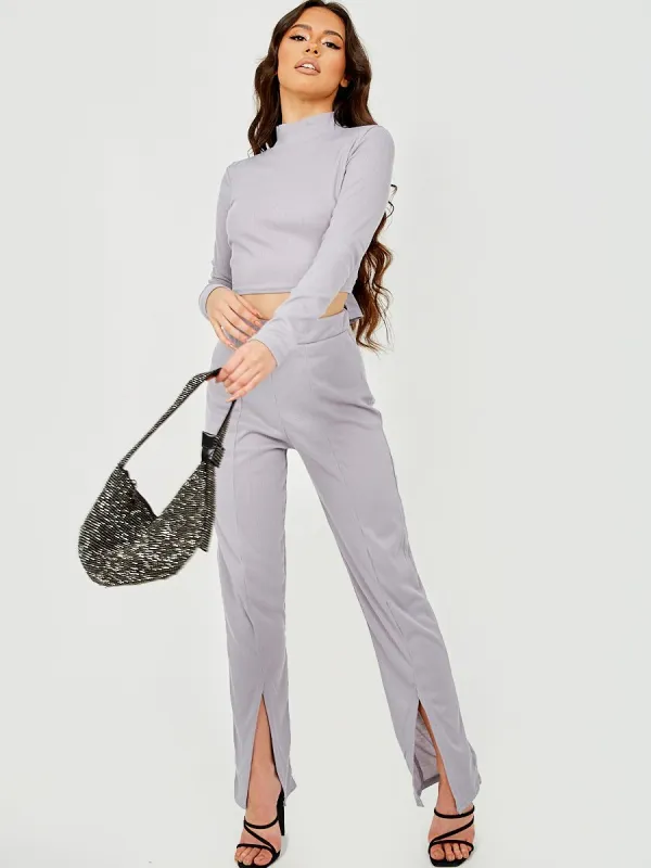 Vivian Tie Knot Back Ribbed Co-ord In Grey sold by Vivichi