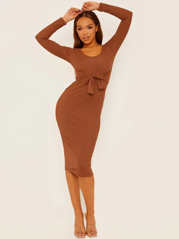 Alba Self Tie Knot Ribbed Midi Dress In Brown sold by Vivichi
