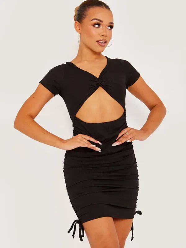 Eliza Cut Out Twist Front Ruched Ribbed Dress In Black sold by Vivichi