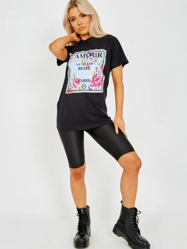 Edita Floral L'Amour Graphic Printed T-Shirt In Black sold by Vivichi