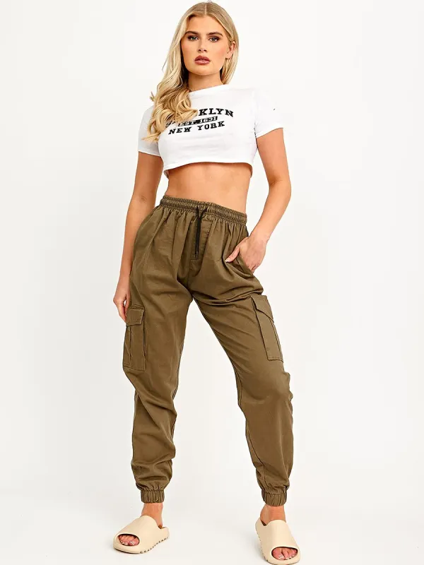Bianka Twill Fabric Cargo Trousers In Khaki sold by Vivichi