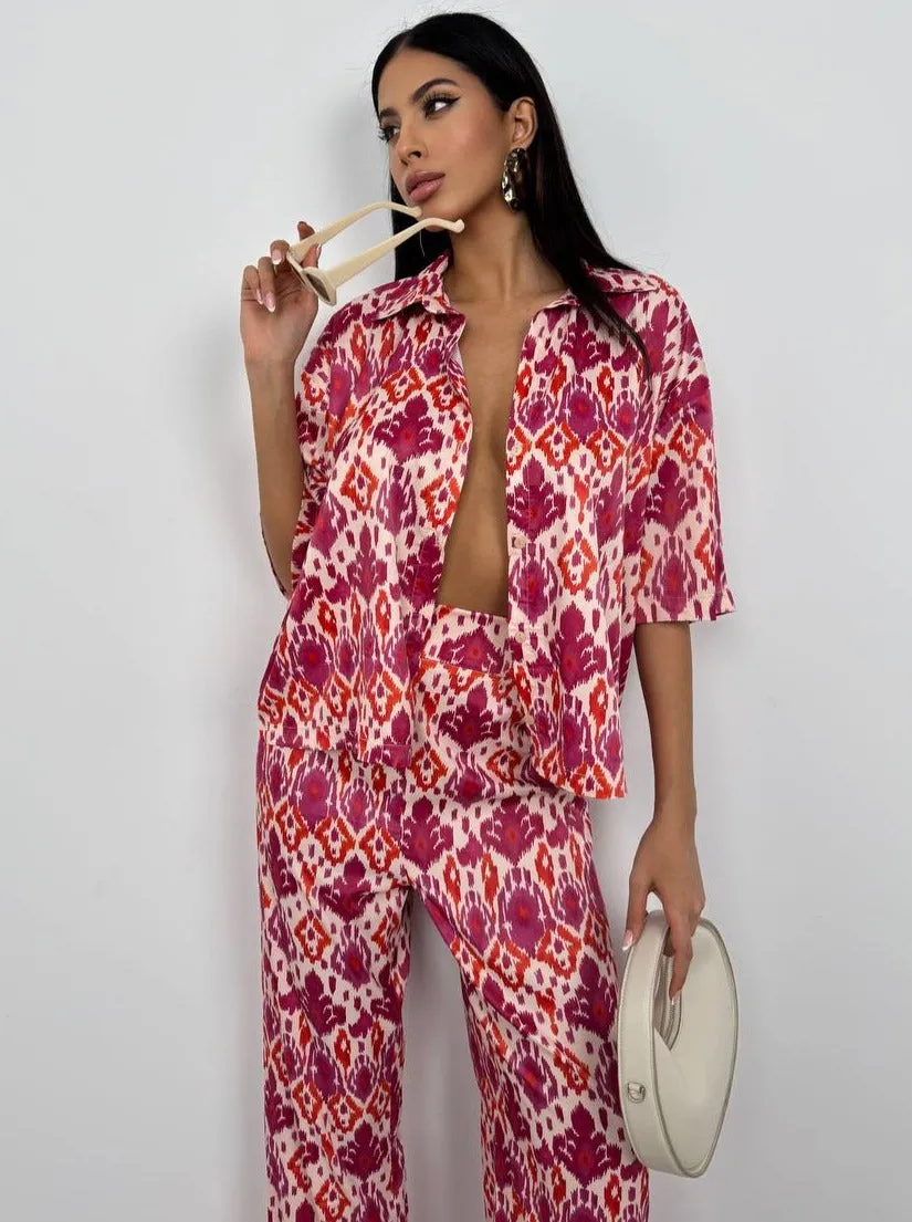 **PRE-ORDER** Harper Patterned Satin Shirt In Red sold by Vivichi