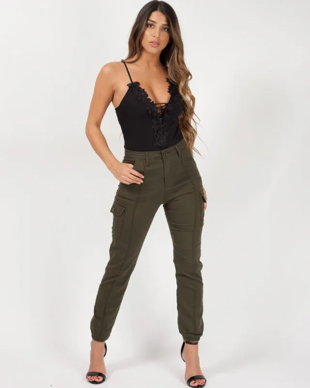 Carlia Cuffed Hem Cargo Trousers In Khaki sold by Vivichi