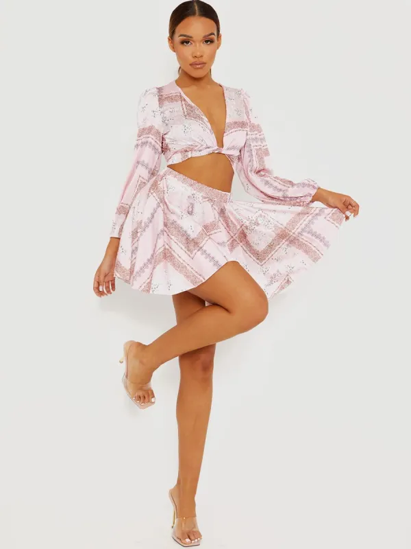 Helen Floral Print Satin Crop Top & Skirt Co-ord In Pink sold by Vivichi