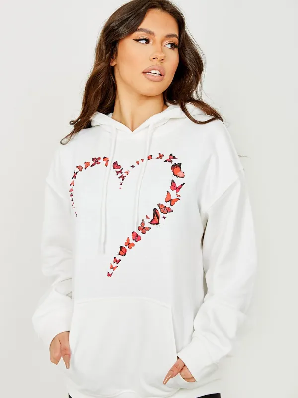Fayee Butterfly Heart Graphic Fleeced Hoodie In White sold by Vivichi