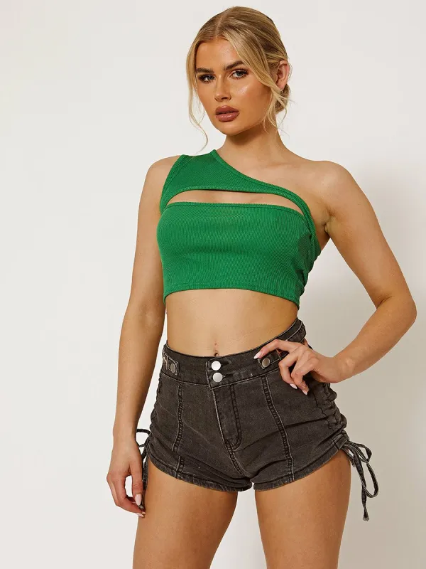 Kyara One Shoulder Cut Out Front Ribbed Crop Top In Green sold by Vivichi