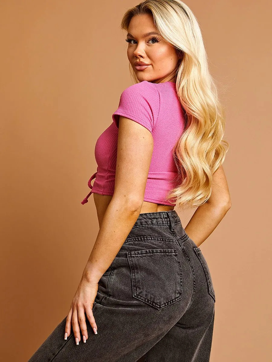 Dakota Lace Up Front Ribbed Crop Top In Fuchsia sold by Vivichi product image thumbnail 3