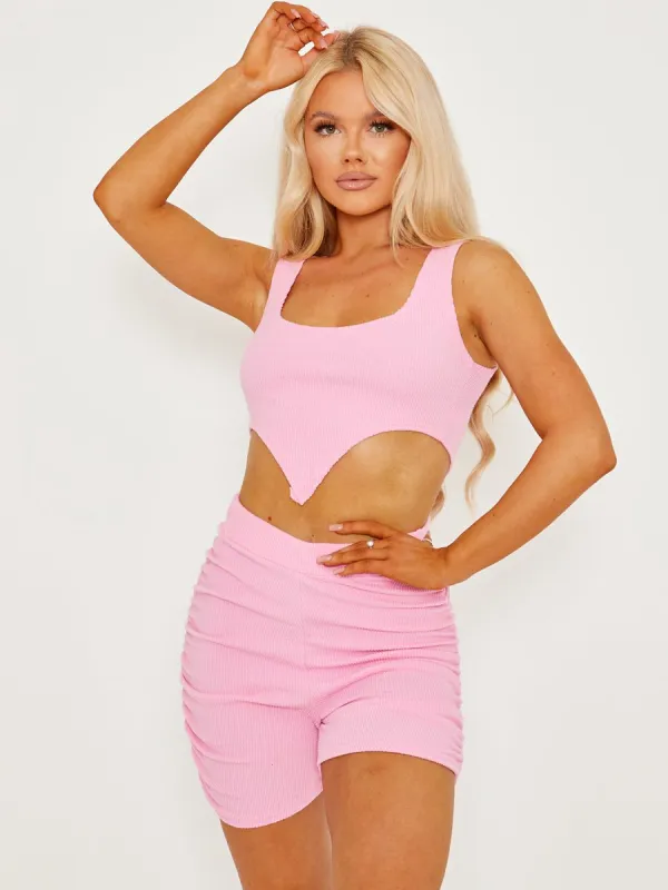 Charlene Ribbed Crop Top & Ruched Bum Shorts Co-ord In Pink sold by Vivichi