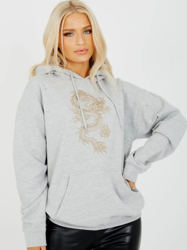 Saema Glittered Dragon Fleeced Hoodie In Grey sold by Vivichi