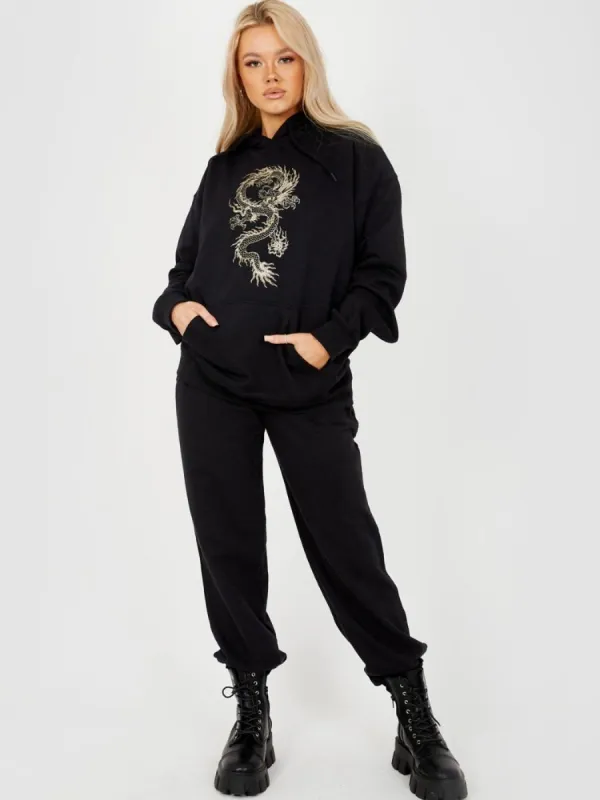 Saema Glittered Dragon Fleeced Hoodie In Black sold by Vivichi