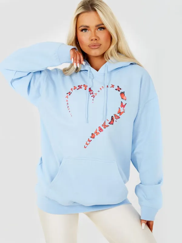 Fayee Butterfly Heart Graphic Fleeced Hoodie In Blue sold by Vivichi