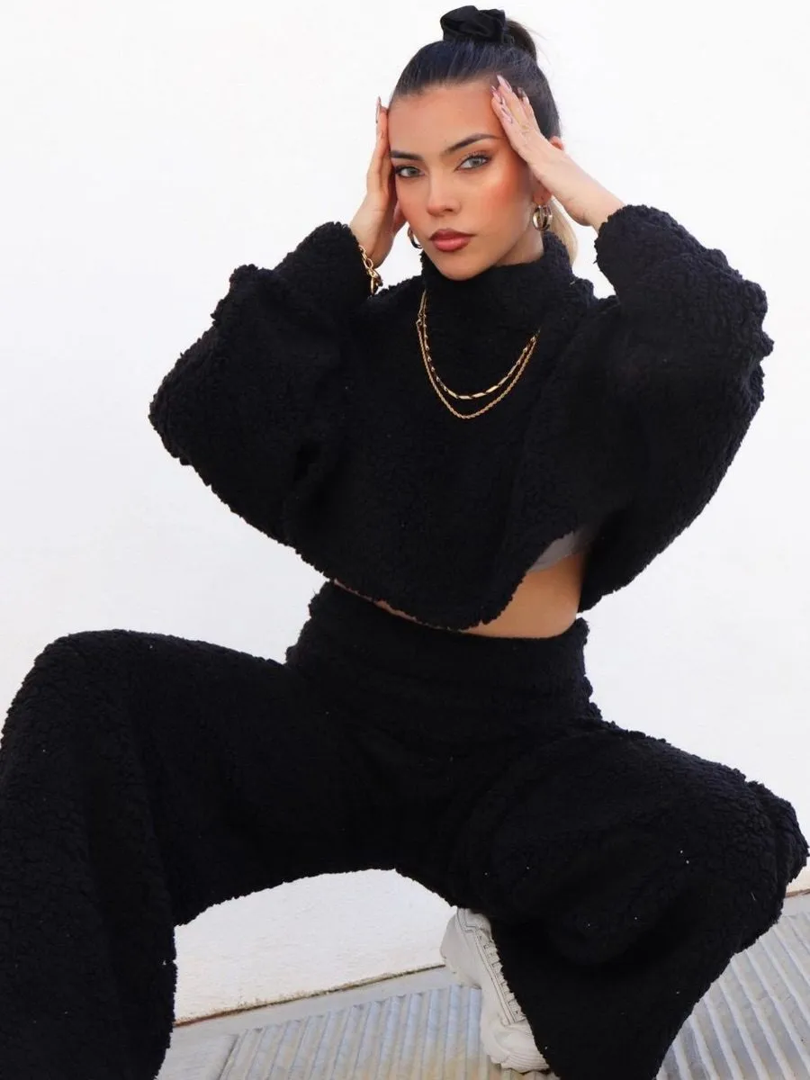 Elsie Teddy Crop Top & Trouser Co-ord In Black sold by Vivichi