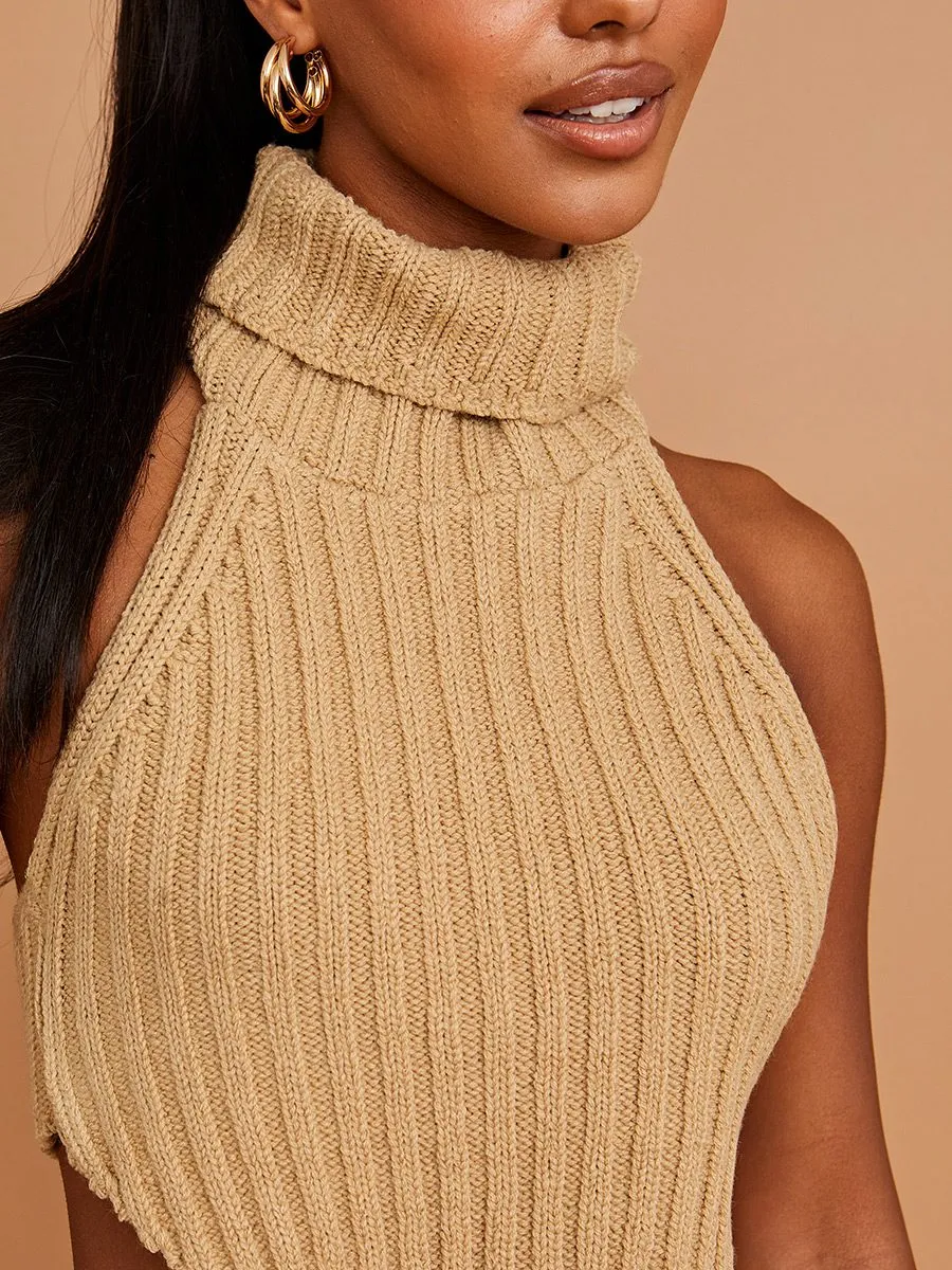 Caitlyn Halter Roll Neck Asymmetric Hem Knitted Crop Top In Stone sold by Vivichi product image thumbnail 4