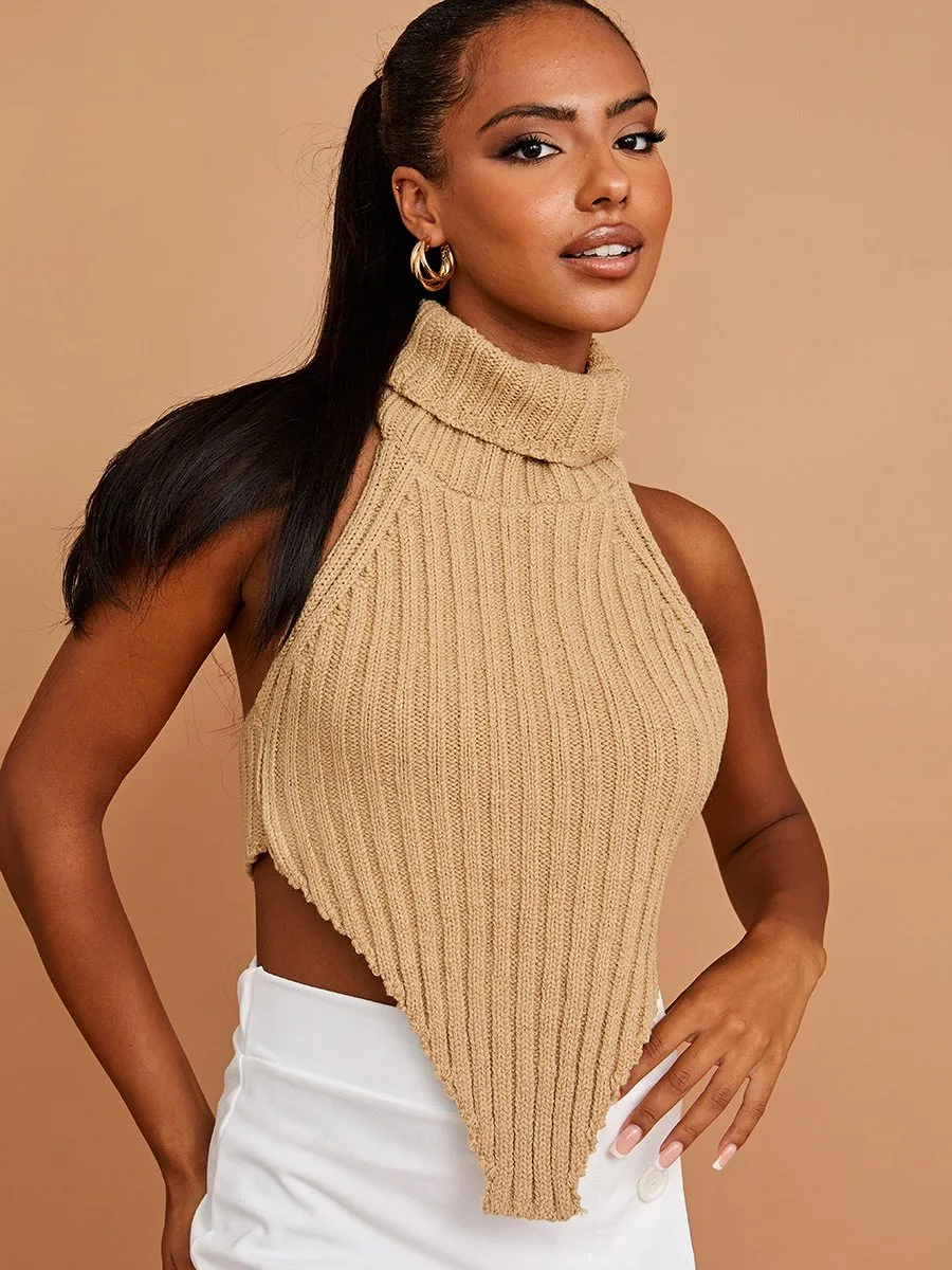 Caitlyn Halter Roll Neck Asymmetric Hem Knitted Crop Top In Stone sold by Vivichi