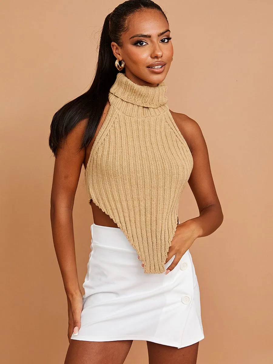 Caitlyn Halter Roll Neck Asymmetric Hem Knitted Crop Top In Stone sold by Vivichi product image thumbnail 3