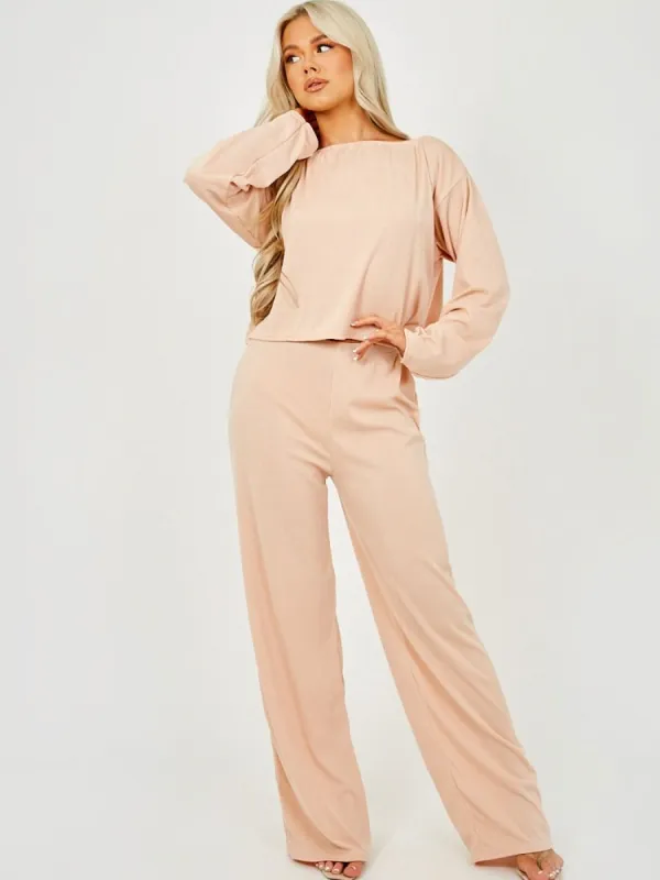 Marian Off Shoulder Ribbed Co-ord In Pink sold by Vivichi