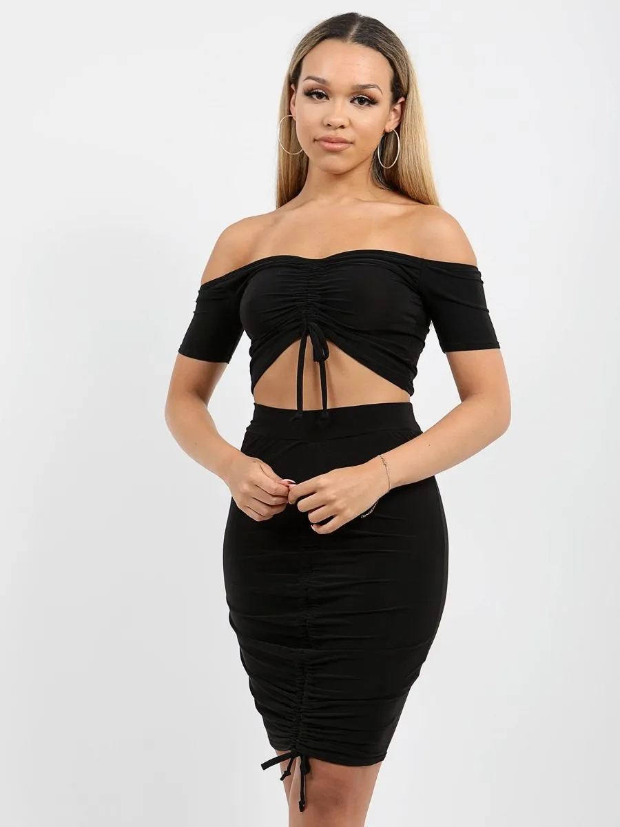 Beatrix Slinky Ruched Bardot Crop Top & Skirt Co-ord In Black sold by Vivichi product image thumbnail 4