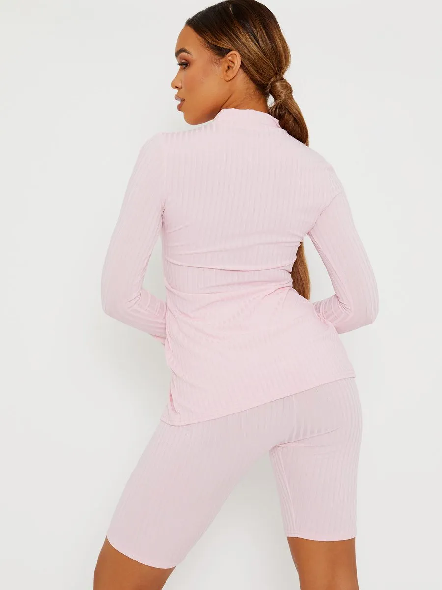 Sisi Split Front Ribbed Top & Cycling Shorts Co-ord In Pink sold by Vivichi product image thumbnail 4