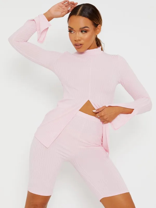 Sisi Split Front Ribbed Top & Cycling Shorts Co-ord In Pink sold by Vivichi
