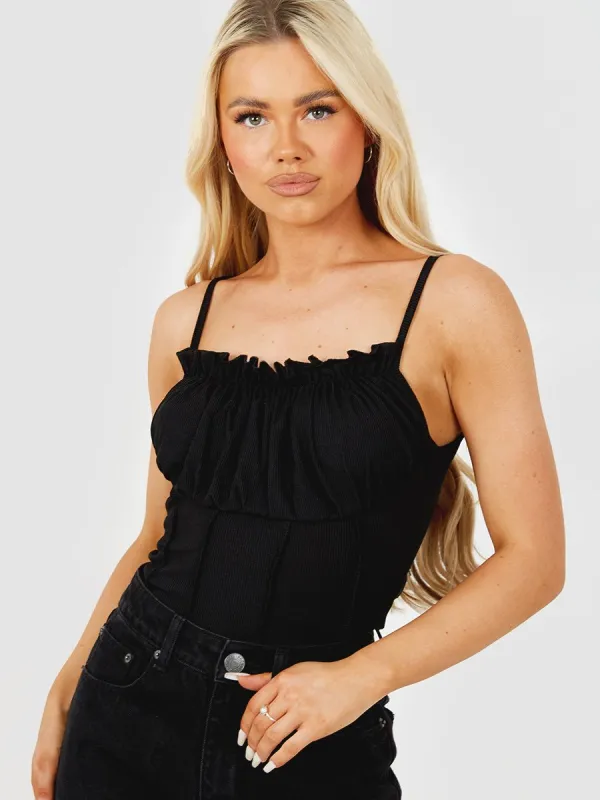 Kath Seam Detail Lettuce Frill Bust Cami Top In Black sold by Vivichi