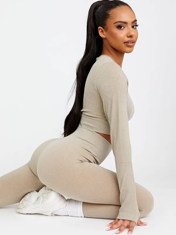 Daya Patricia Long Sleeves Ribbed Crop Top & Leggings Co-ord In Stone sold by Vivichi