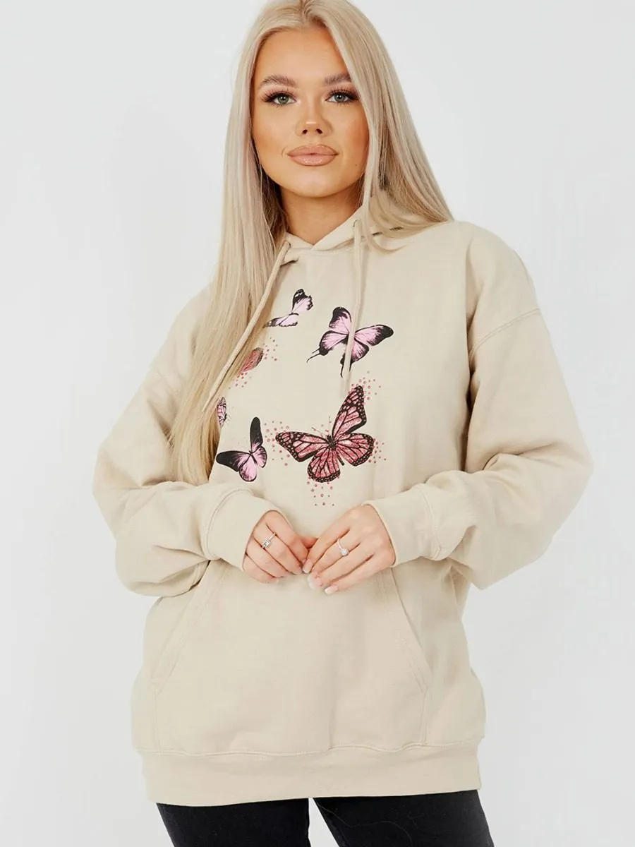 Rose Butterfly Graphic Print Fleeced Hoodie In Stone sold by Vivichi product image thumbnail 3