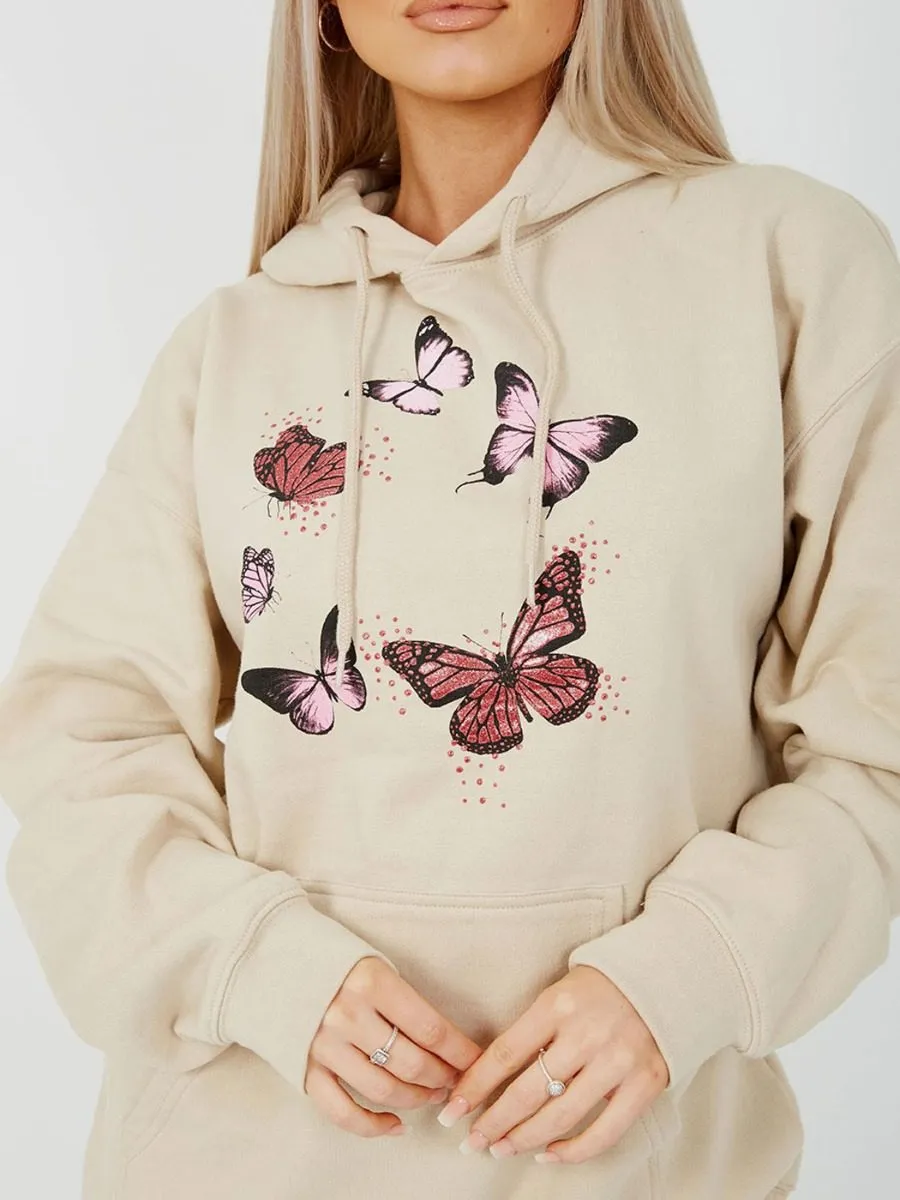 Rose Butterfly Graphic Print Fleeced Hoodie In Stone sold by Vivichi product image thumbnail 4
