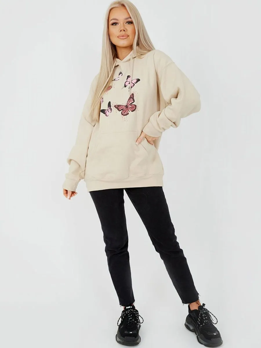 Rose Butterfly Graphic Print Fleeced Hoodie In Stone sold by Vivichi