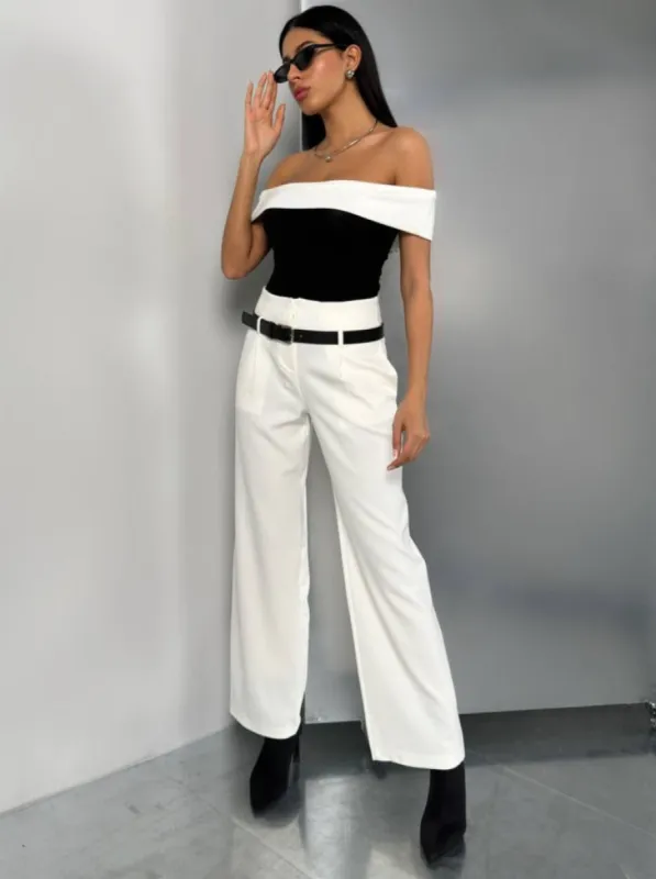 **PRE-ORDER** Norma Belt Detail High Waist Trousers In White sold by Vivichi