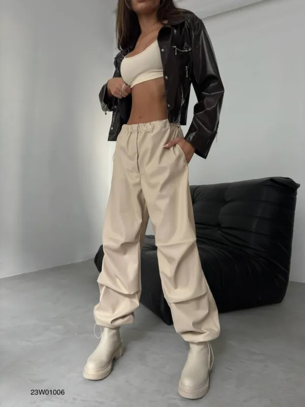 *PRE-ORDER* Elda Leather Trousers with Elastic Waist In Stone sold by Vivichi