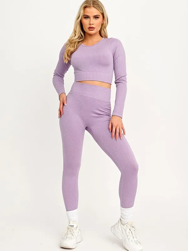Daya Long Sleeves Ribbed Crop Top & Leggings Co-ord In Lilac sold by Vivichi