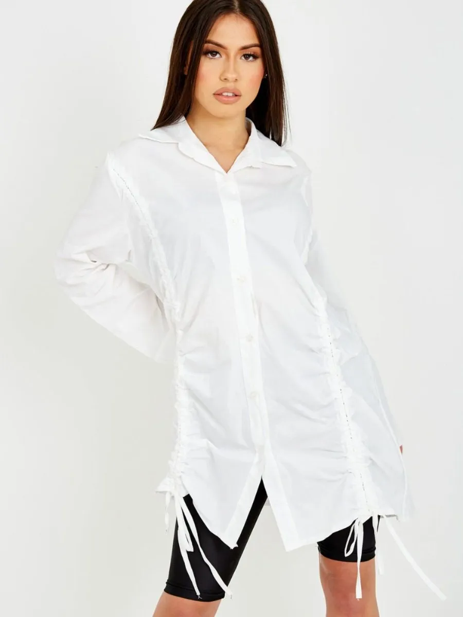 Rachelle Drawstring Ruched Buttoned Shirt Dress In White sold by Vivichi product image thumbnail 2