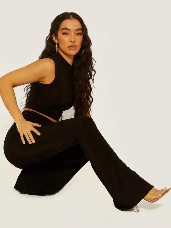 Hulia Slinky High Neck Crop Top & Flared Trouser Co-ord In Black sold by Vivichi